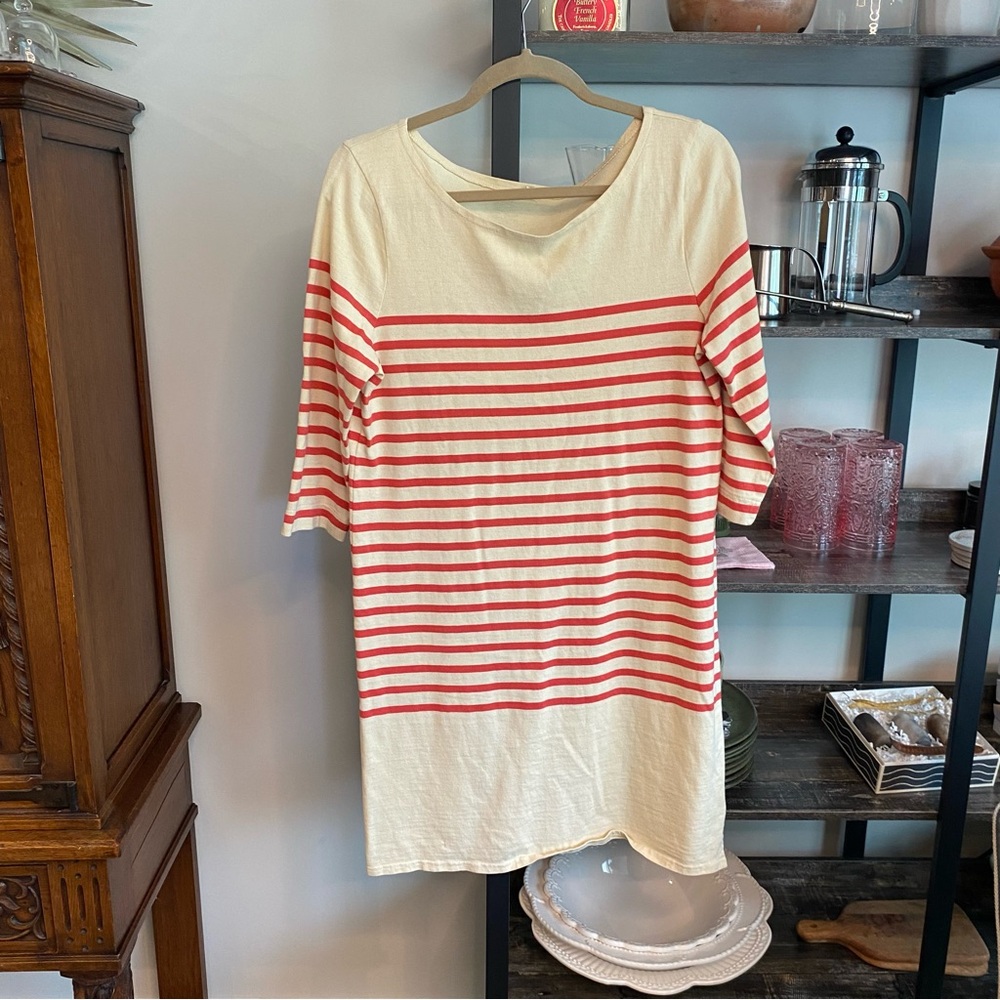 J Crew Natural Fibers 100% Cotton Boxy Fit Coral Striped Cream Dress Mini Midi M